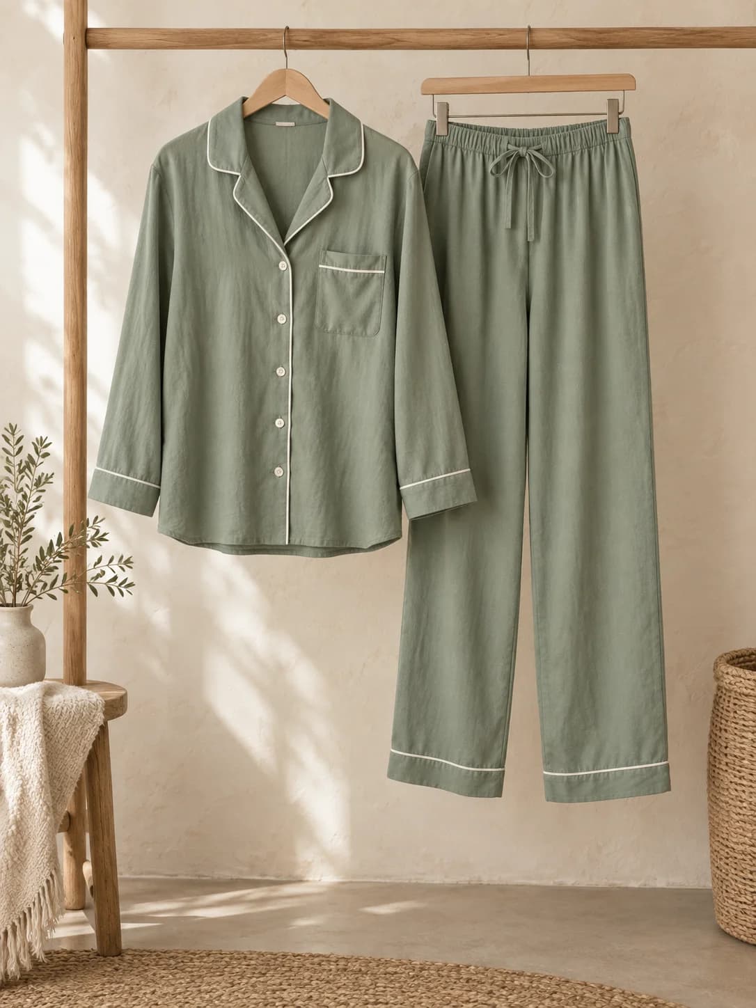 Sage green button-front night suit with ivory piping on wooden hangers