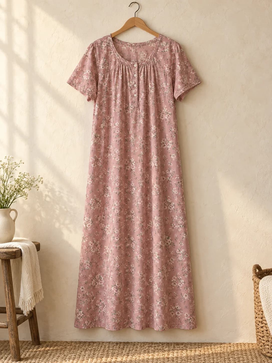 Dusty rose floral nightgown on a wooden hanger