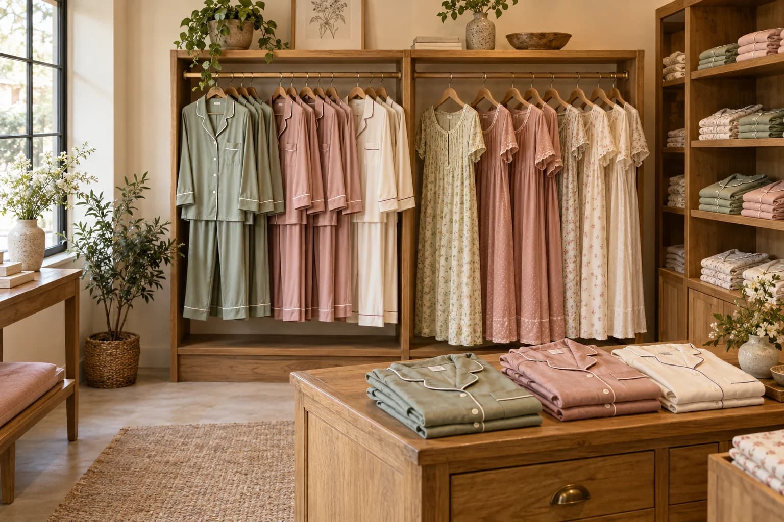 Generated nightwear boutique with matching pyjama sets and nightgowns on wooden racks