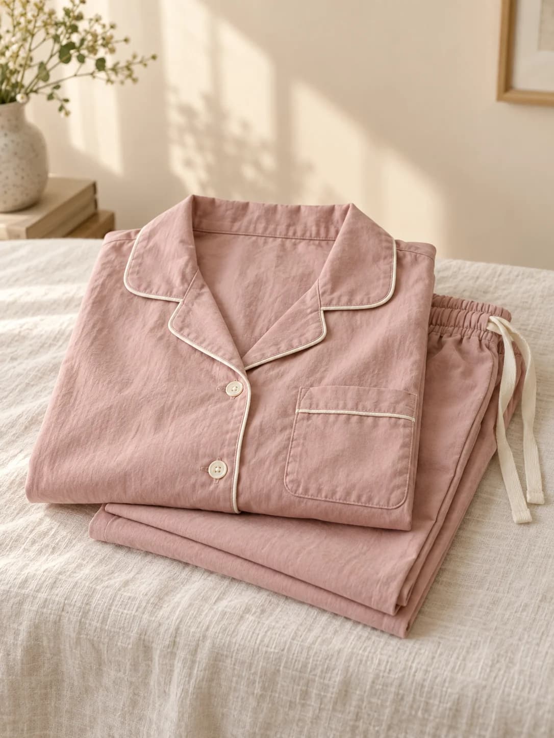 Folded dusty rose night suit with ivory piping